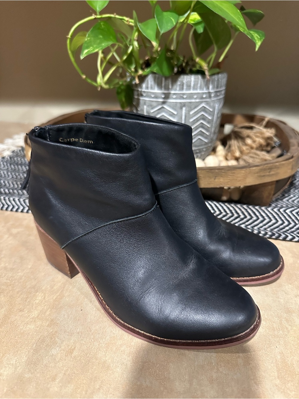 Toms Black Leather Ankle Booties with Stacked Wood Heel